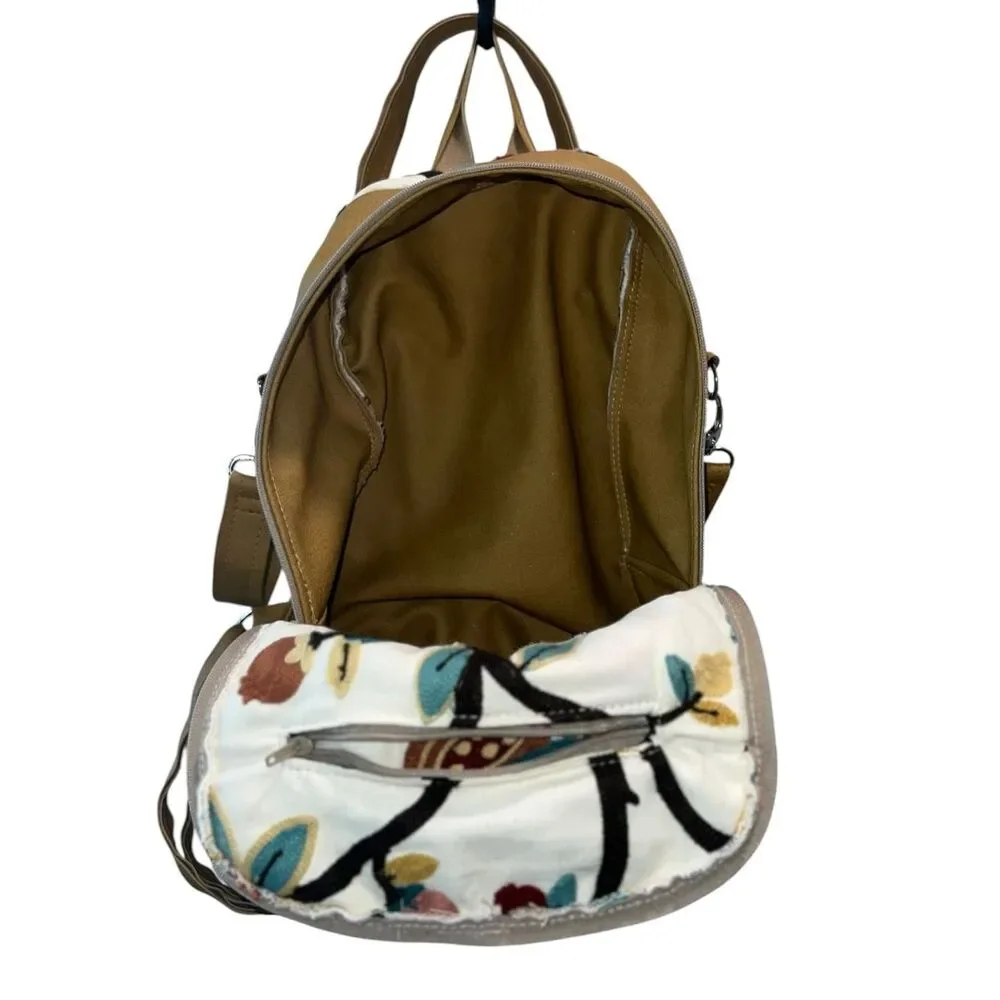 Boho Embroidered Floral Convertible Backpack Purse Canvas & Faux Leather